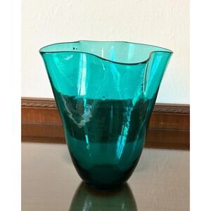 Blenko c. 1950's #404 9" Fluted Handkerchief Vase in Sea Foam Green Wayne Husted